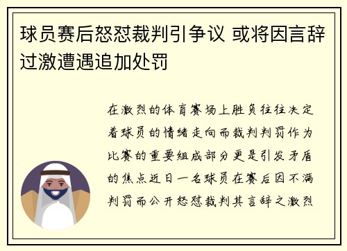 球员赛后怒怼裁判引争议 或将因言辞过激遭遇追加处罚 球员赛后怒怼裁判引争议 或将因言辞过激遭遇追加处罚