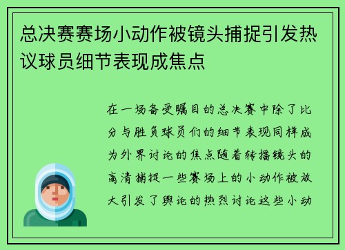 总决赛赛场小动作被镜头捕捉引发热议球员细节表现成焦点